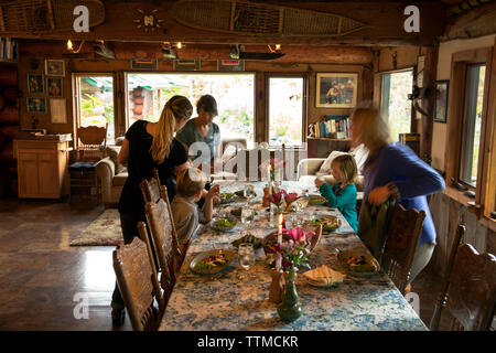 USA, Alaska, Homer, China Poot Bay, Kachemak Bay, view of the dining room at Kachemak Bay Wilderness Lodge Stock Photo