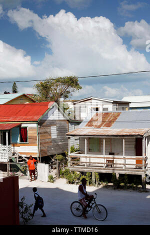 BELIZE, Caye Caulker, old colorful houses on Main Street Stock Photo