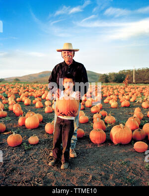 USA, California, senior man standing with his grandson in a pumpkin patch, Half Moon Bay, Bob's Pumpkin Farm Stock Photo