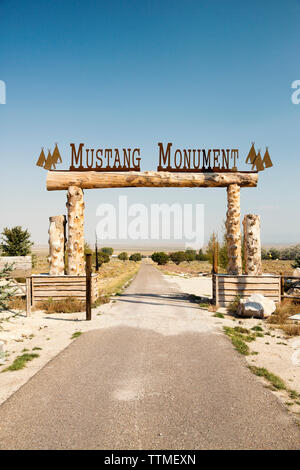 USA, Nevada, Wells, the gate leading to Mustang Monument, A sustainable luxury eco friendly resort and preserve for wild horses, Saving America's Must Stock Photo