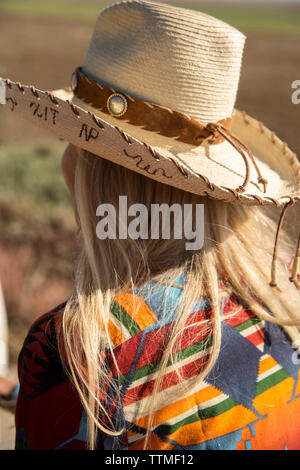 USA, Nevada, Wells, Founder Madeleine Pickens leads a Horse-Drawn Wagon Ride at Mustang Monument, A sustainable luxury eco friendly resort and preserv Stock Photo