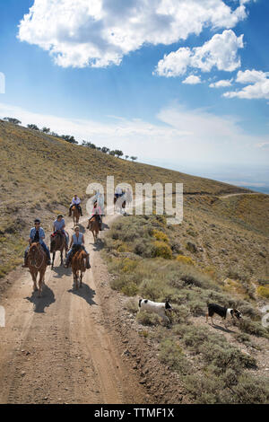USA, Nevada, Wells, guests can participate in Horse-Back Riding Excursions during their stay at Mustang Monument, A sustainable luxury eco friendly re Stock Photo