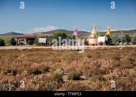 USA, Nevada, Wells, colorful tipis are scattered all over Mustang Monument, A sustainable luxury eco friendly resort and preserve for wild horses, Sav Stock Photo