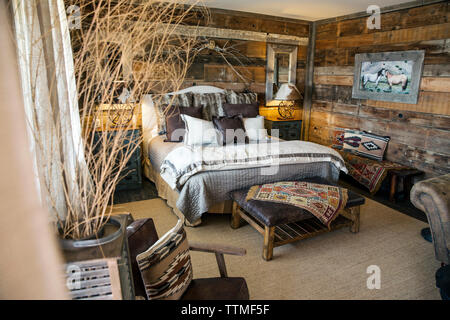 USA, Nevada, Wells, Inside one of the Safari Cottages at Mustang Monument, A sustainable luxury eco friendly resort and preserve for wild horses, Savi Stock Photo