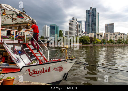 Frankfurt am Main, view of the city skyline, from the left bank of the Main, Fisch-Dšner restaurant ship, Stock Photo