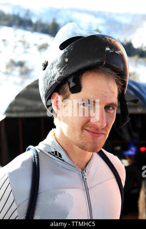 USA, Utah, Park City, portrait of a skeleton racer at Utah Olympic Park Stock Photo