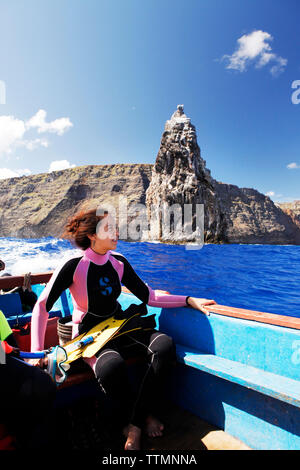 easter ISLAND, CHILE, Isla de Pascua, Rapa Nui, aboard the boat leaving the Hanga Roa harbor to go snorkeling and freedriving near Isla Moti Nui, the Stock Photo