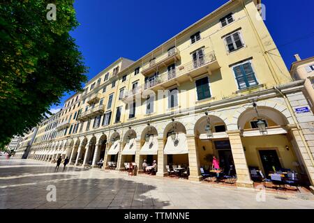 The French built Liston Esplanade Cafes, Kerkya, Corfu City, Greek Ionian Islands,Greece Stock Photo