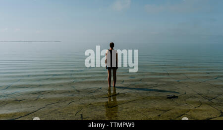 Rear view of woman looking at sea while standing against sky Stock Photo