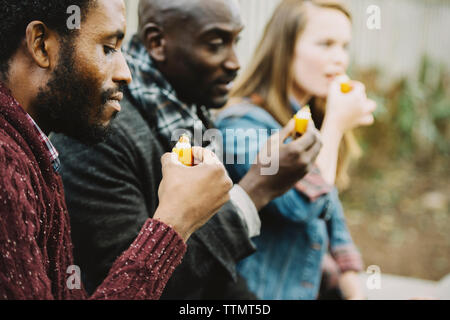 Friends eating appetizer while sitting in backyard Stock Photo
