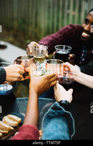 Cropped image of friends toasting drinks while sitting in backyard Stock Photo