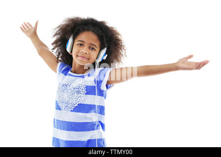 Afro-American little girl with headphones isolated on white Stock Photo