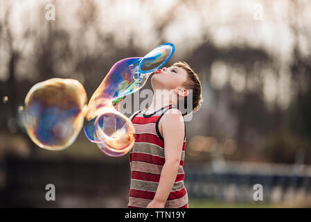 Boy blowing bubbles while playing at park Stock Photo