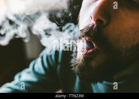 Midsection of bearded man exhaling smoke while smoking marijuana joint at home Stock Photo