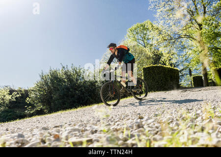 Surface level shot of young man riding mountain bike at park during sunny day Stock Photo