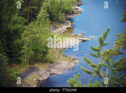 River among the rocky shores and pine forests in cloudy weather Stock Photo