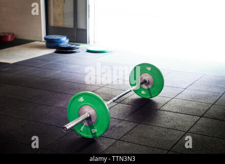 High angle view of barbell in gym Stock Photo
