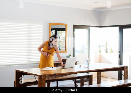 Pregnant woman using laptop computer while standing by table at home Stock Photo