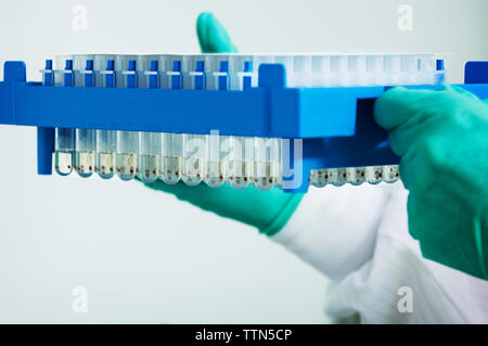 Cropped image of scientist holding test tube rack at laboratory Stock Photo