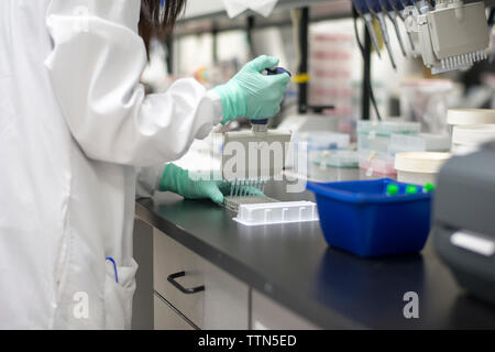 Midsection of scientist working in laboratory Stock Photo