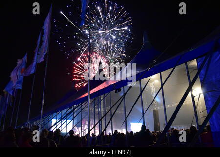 Seaclose Park, Newport, Isle of Wight - June 16 2019: Isle of Wight Music Festival, last night above the Big Top fireworks are set off to celebrate Stock Photo