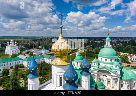 Aerial view of the Spaso-Yakovlevsky Dimitriev monastery from the lake Nero in Rostov The Great town, Russia Stock Photo