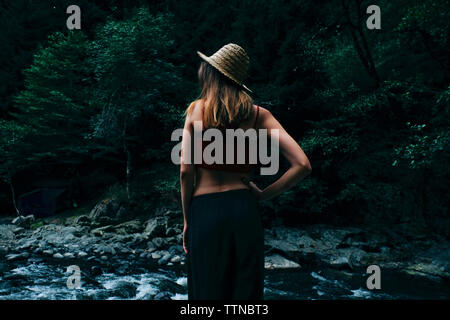 Rear view of woman wearing hat with hand on hip standing against trees in forest Stock Photo