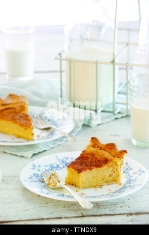 High angle view of cheesecake served in plates on wooden table at home