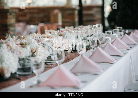 Place setting on dining table at party Stock Photo