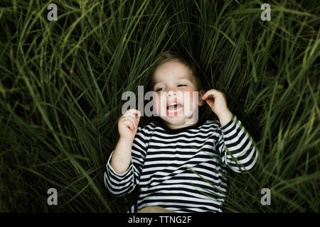 Little boy lying in green summer grass Stock Photo