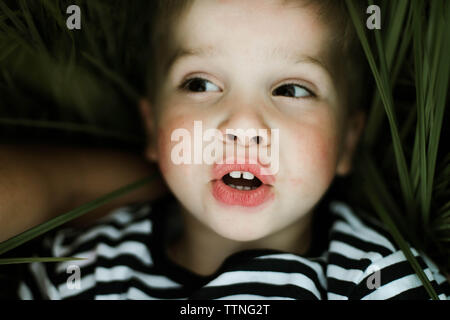 Surprised boy lying on the green grass Stock Photo