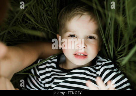 Little boy lying on green grass Stock Photo
