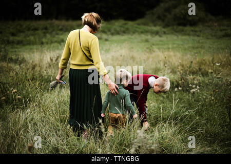 A trio of family walking from behind in the forest Stock Photo