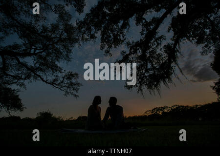 Silhouette couple sitting on blanket against sky in park at night Stock Photo