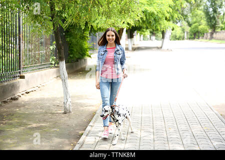 Owner with her dalmatian dog walking outdoors Stock Photo