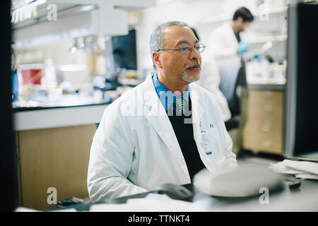 Doctor working at desk while male coworker working in background at hospital Stock Photo