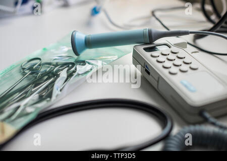 Close-up of medical equipment on table at home Stock Photo