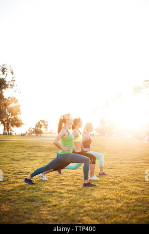 Women exercising on grassy field against clear sky Stock Photo
