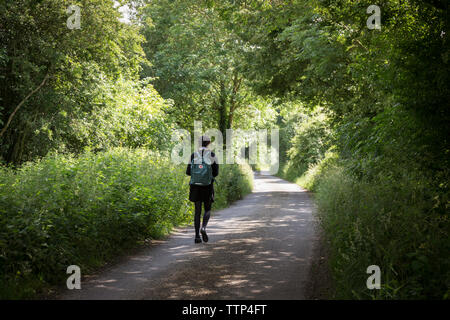 Young schoolgirl in uniform walking home from school along a country lane. Suffolk, UK. Stock Photo