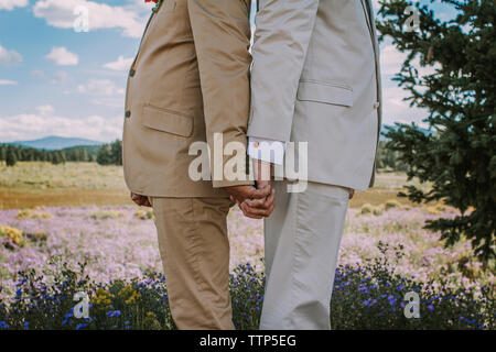 Midsection of gay couple holding hands while standing back to back on field Stock Photo