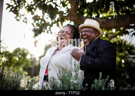 Happy senior couple laughing while standing at park Stock Photo