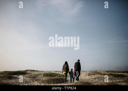 Rear view of parents with sons walking at beach against sky during sunny day Stock Photo