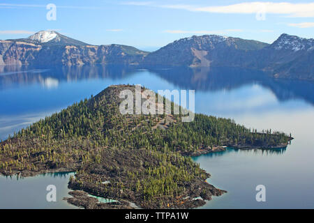 Wizard Island on Crater Lake , Oregon Stock Photo