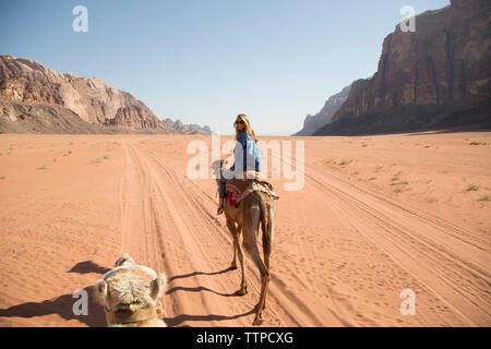 Female tourist looking over shoulder while riding on camel in desert Stock Photo