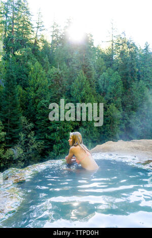 Woman wearing bikini looking away while relaxing in hot spring at forest Stock Photo
