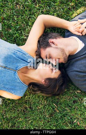 Overhead view of romantic couple lying on grass