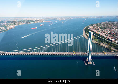 High angle view of Bronx Whitestone Bridge over East River Stock Photo