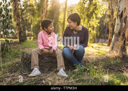 Mother and son talking while sitting in forest Stock Photo