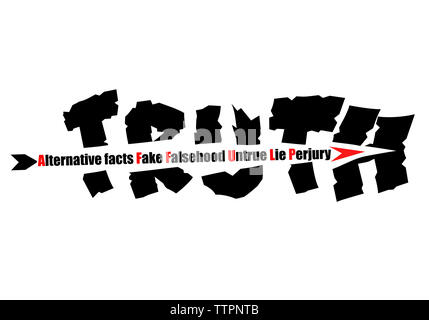 Concept illustration an arrow of Alternative facts, Fake, Falsehood, untrue, lie and perjury shattering Truth text on white background Stock Photo