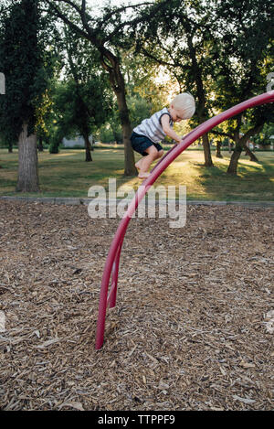 Full length of baby boy climbing monkey bars at park Stock Photo